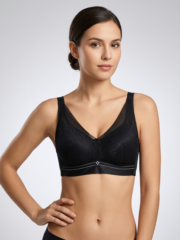 Women’s Full-Coverage Lace Bralette – Wireless Mesh-Trim Bra with Wide Underband(34B_40B)