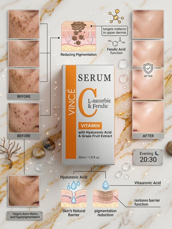 VINCÉ Vitamin C Serum – L-Ascorbic & Ferulic with Hyaluronic Acid & Grapefruit Extract (30ml / 1.