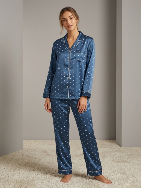 Navy Blue Star & Crown Print Pajama Set