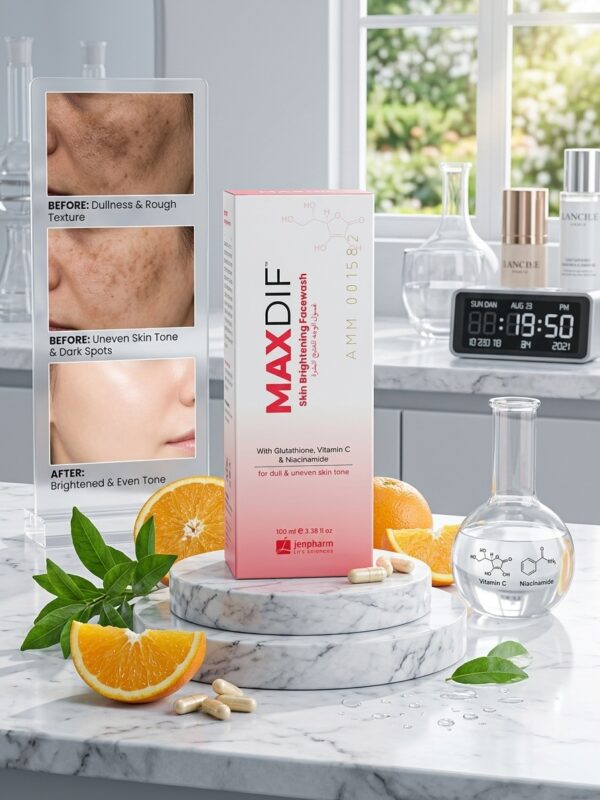MAXDIF Skin Brightening Facewash – Glutathione, Vitamin C & Niacinamide by Jenpharm (100 ml / 3.38 fl oz)