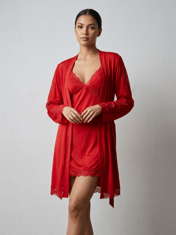 Crimson Lace-Trimmed Satin Nightwear Set (Robe & Chemise)