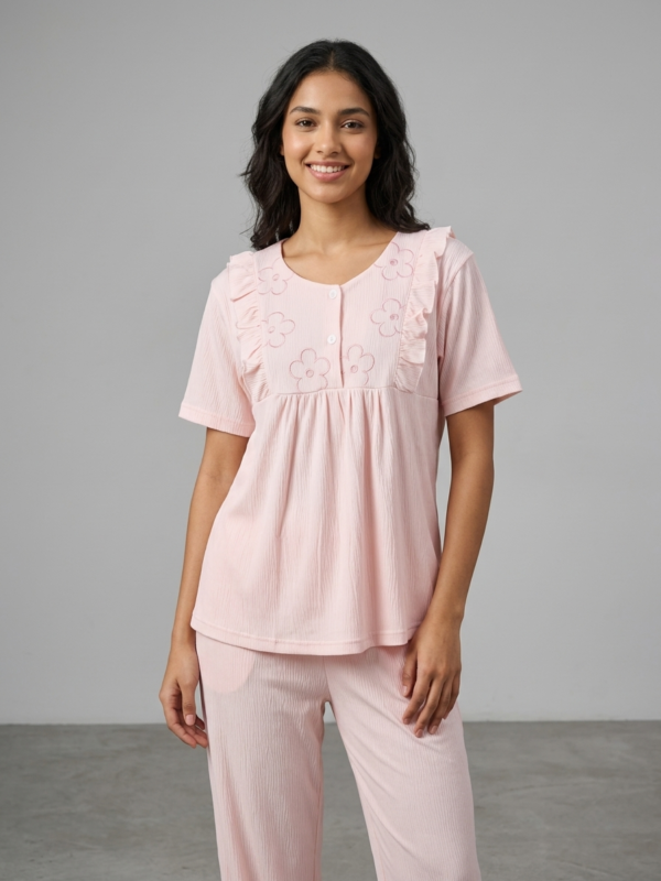 Women's Pink Ribbed Short Sleeve Pajama Set
