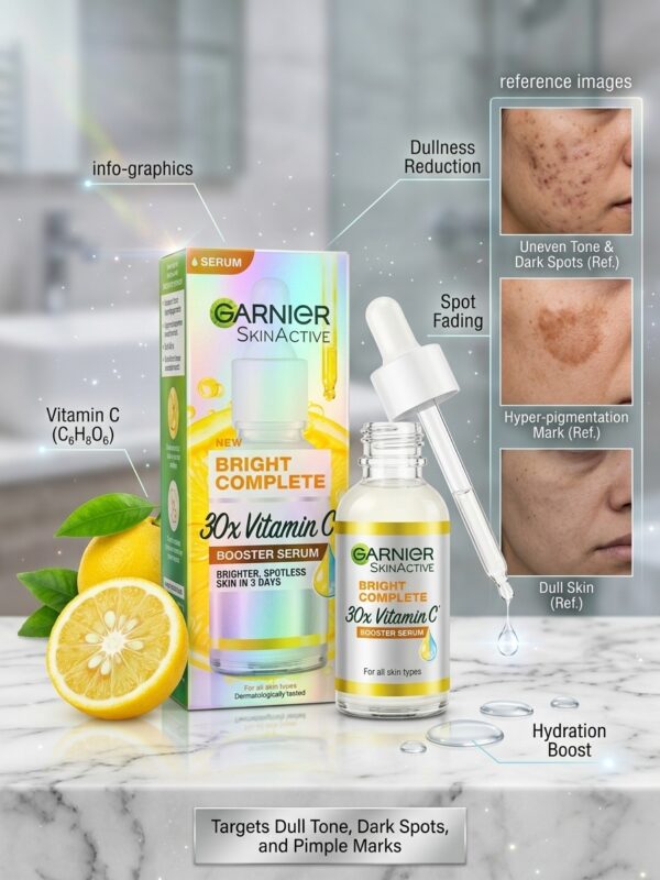 Garnier SkinActive Bright Complete 30x Vitamin C Booster Serum – Dark Spot & Spotless Skin Treatment (30ml)