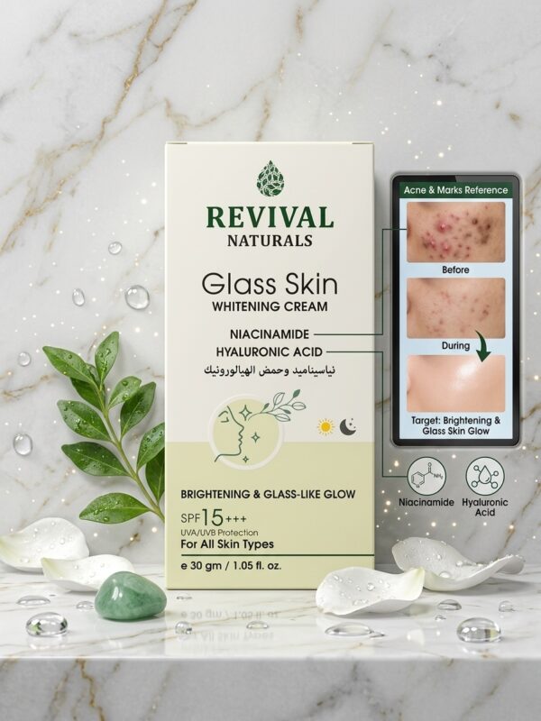 REVIVAL NATURALS Glass Skin Whitening Cream – Niacinamide & Hyaluronic Acid with SPF 15+++ (30 gm / 1.05 fl. oz.