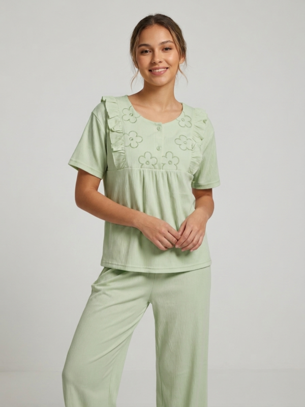 Pista Green Ribbed Ruffle Pajama Set with Floral Embroidery