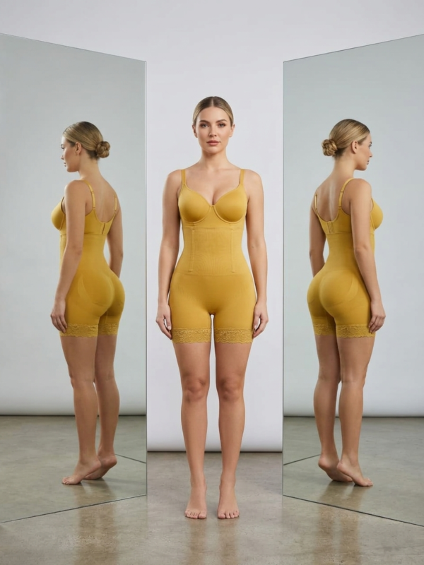 Women's Full Midsection Sculpting Bodysuit – Mustard Yellow Lace Hem Shapewear