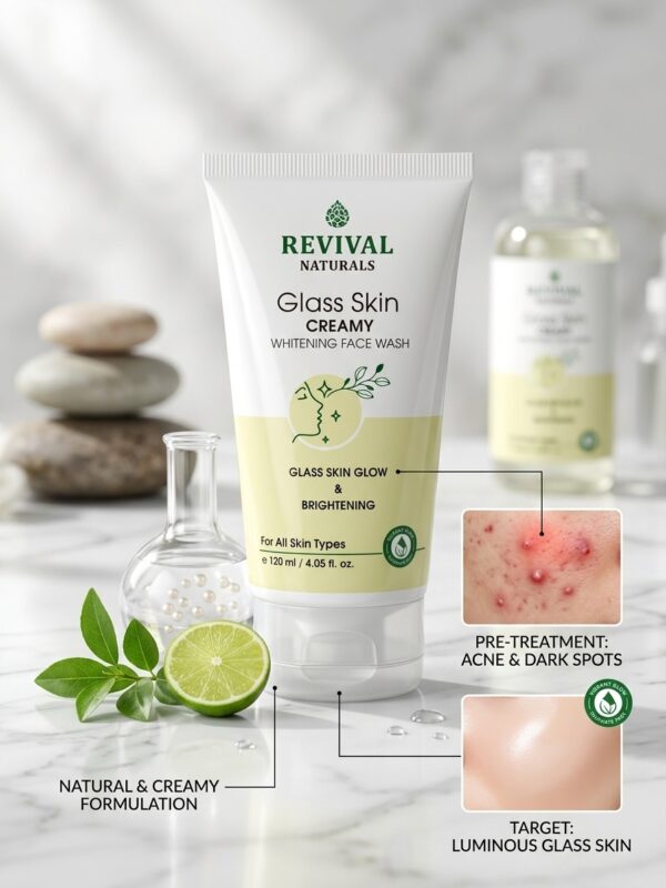 REVIVAL NATURALS Glass Skin Creamy Whitening Face Wash – Luminous Glow & Dark Spot Cleanser (120 ml / 4.05 fl. oz.)