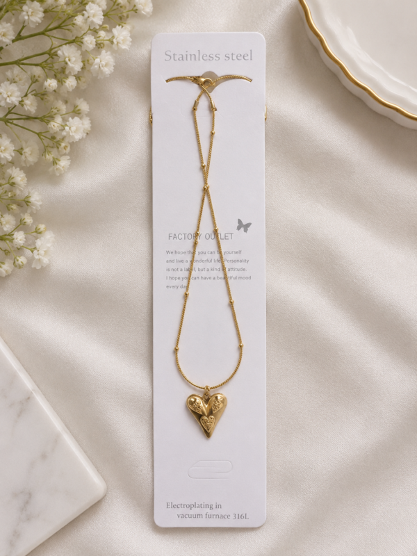 Stainless Steel Ornate Heart Pendant Beaded Station Chain Necklace