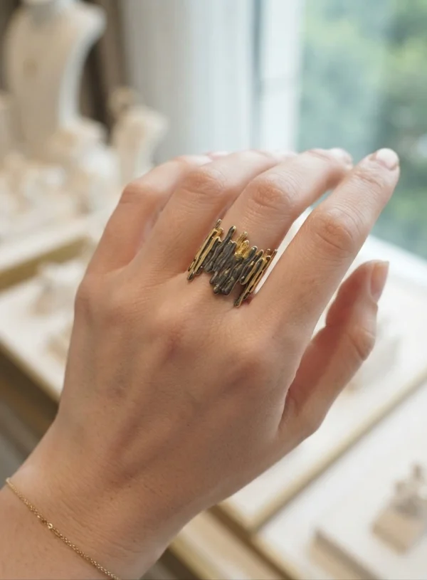 Abstract Drip Two-Tone Statement Ring – Raw Liquid Gold & Gunmetal Stainless Steel Band