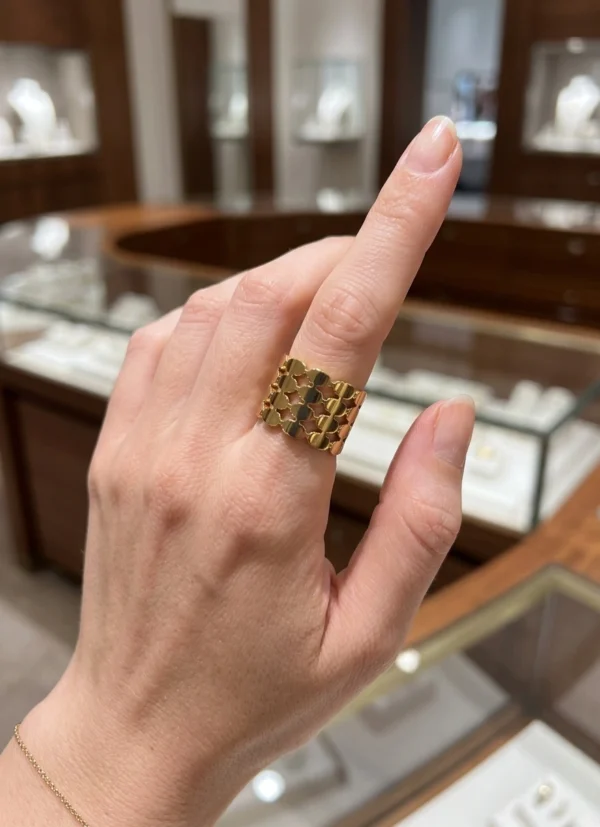 Geometric Mesh Gold Wide Band Ring – Stainless Steel Honeycomb Cutout Ring