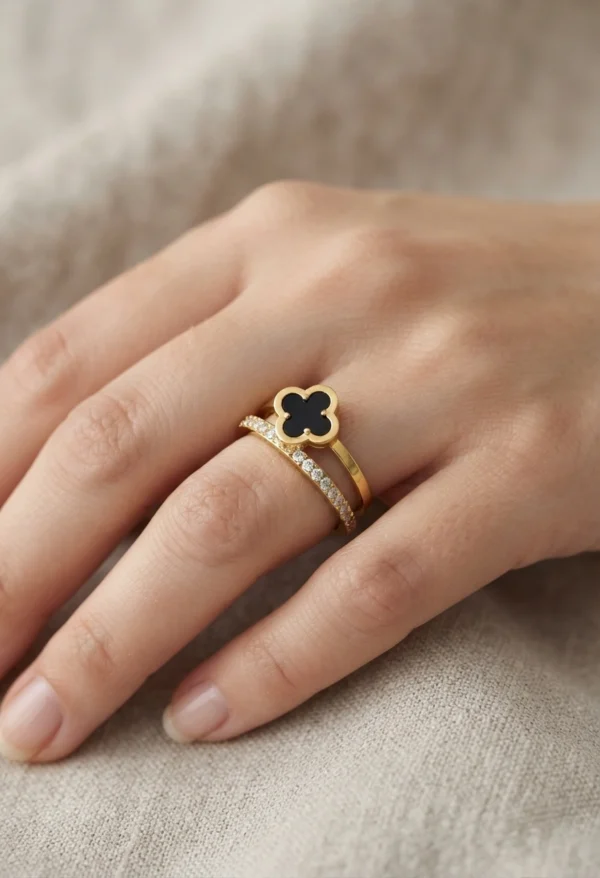 Black Onyx Clover Stacking Ring Set – Gold Stainless Steel & CZ Eternity Band