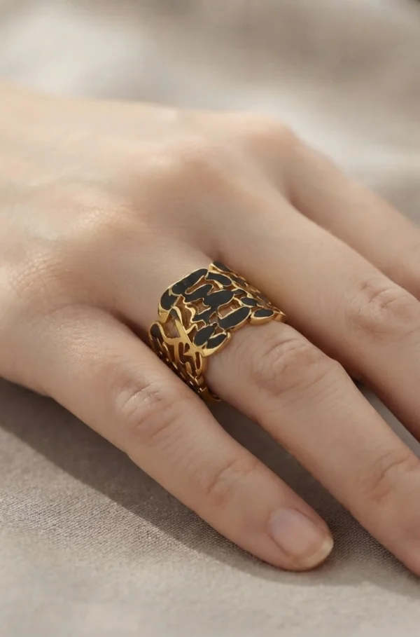Abstract Black Enamel Cutout Wide Ring – Gold Stainless Steel Filigree Band