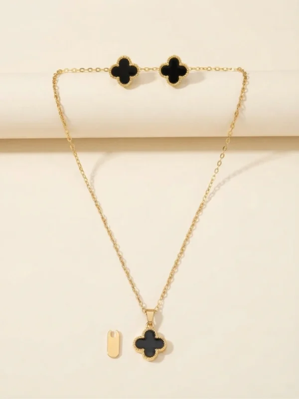 Stainless Steel Black Four-Leaf Clover Necklace and Earring Set