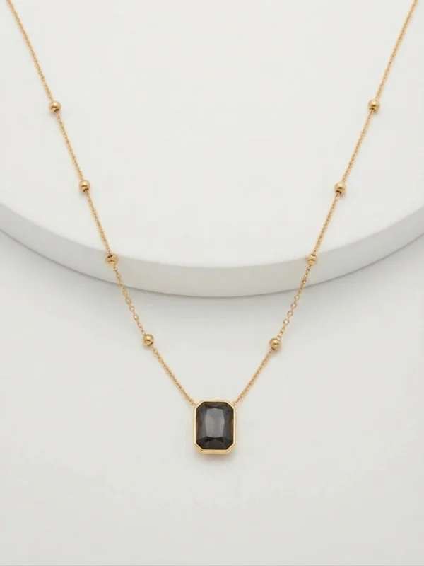 Stainless Steel Emerald-Cut Dark Stone Beaded Station Chain Necklace