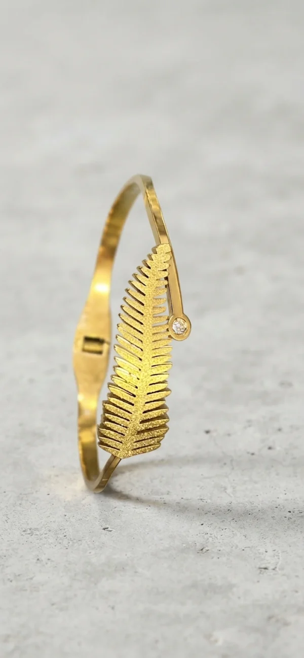 Gold-Tone Textured Feather and Solitaire Crystal Bangle Bracelet