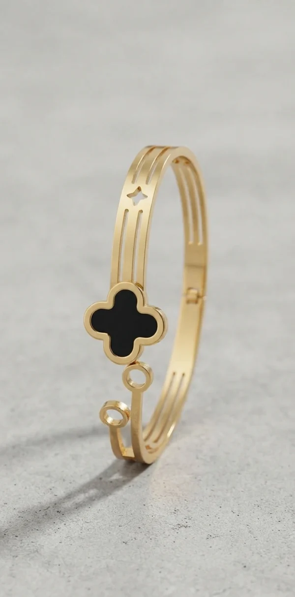Gold-Tone Black Clover Motif and Cut-Out Line Bangle Bracelet