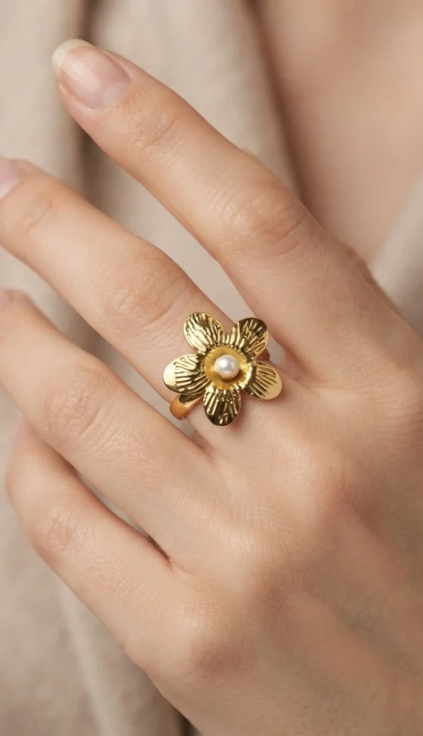 Textured Gold Floral Pearl Ring