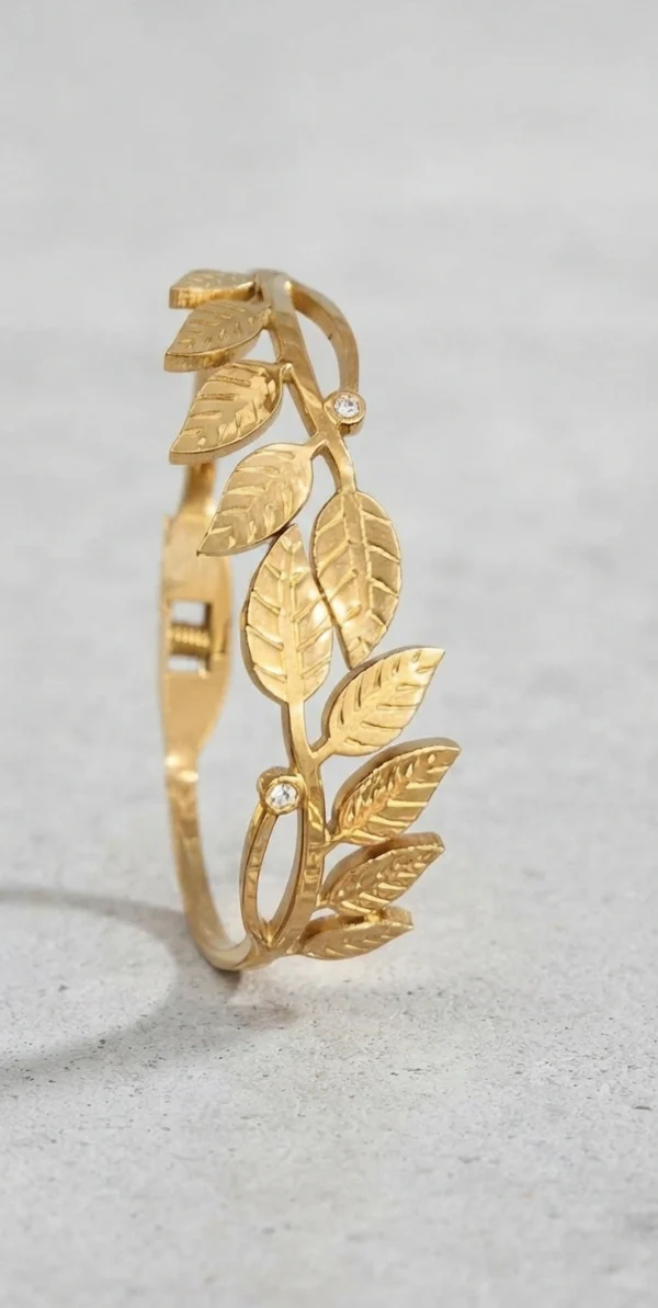 Gold-Tone Olive Branch Leaf Bangle Bracelet with Crystal Accents