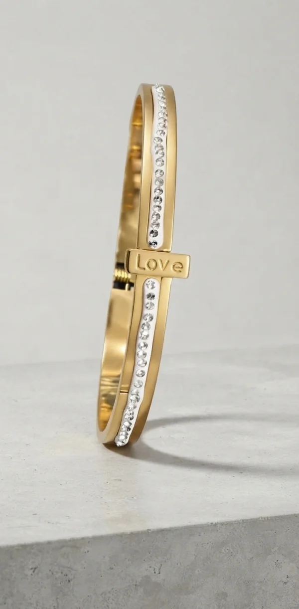 Gold-Tone "Love" Inscription and Crystal Pave Stripe Bangle Bracelet