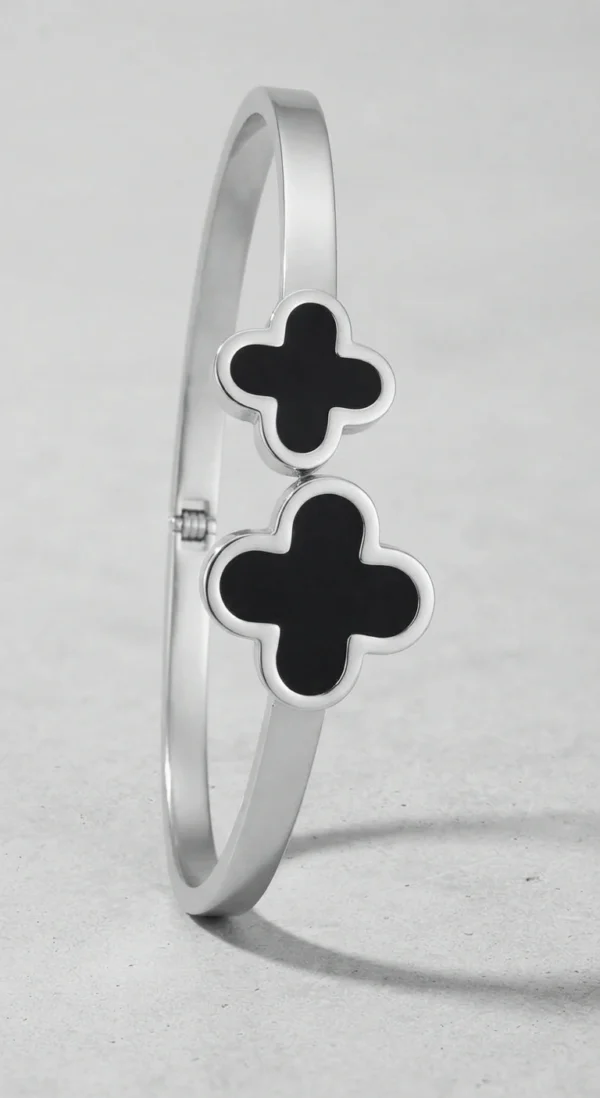 Silver-Tone Dual Black Clover Bangle Bracelet