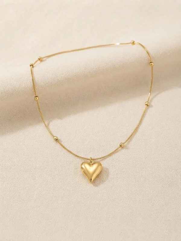 Minimalist Puffy Heart Pendant Beaded Satellite Chain Necklace