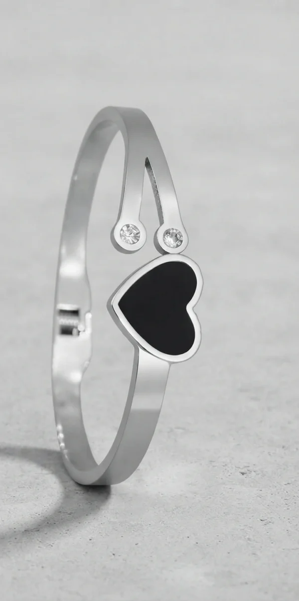 Silver-Tone Black Heart and Crystal Bangle Bracelet
