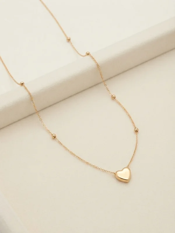 Stainless Steel Puffy Heart Beaded Station Chain Necklace