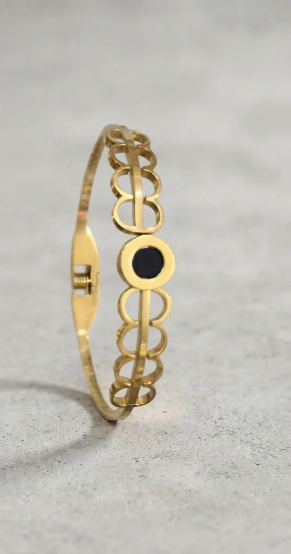 Gold-Tone Open Geometric and Black Inlay Bangle Bracelet