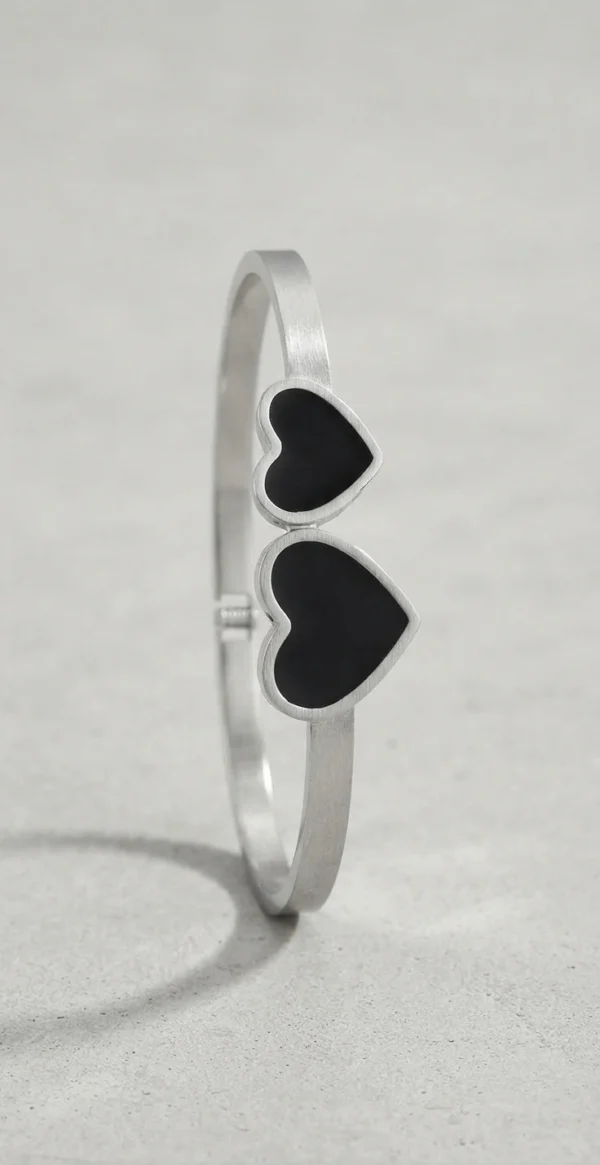 Silver-Tone Dual Black Heart Bangle Bracelet