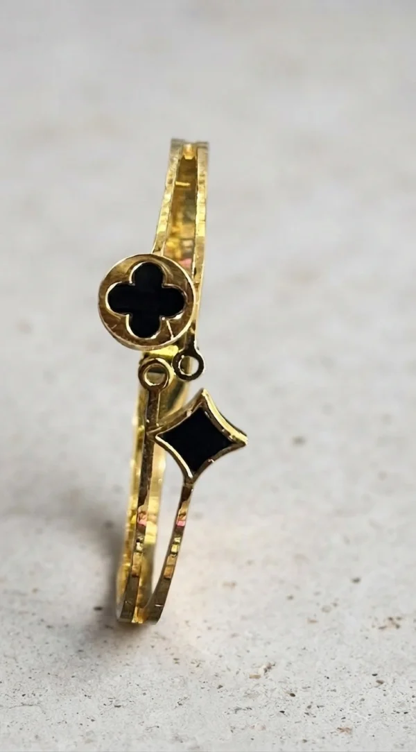 Gold-Tone Black Inlay Clover and Star Bangle Bracelet