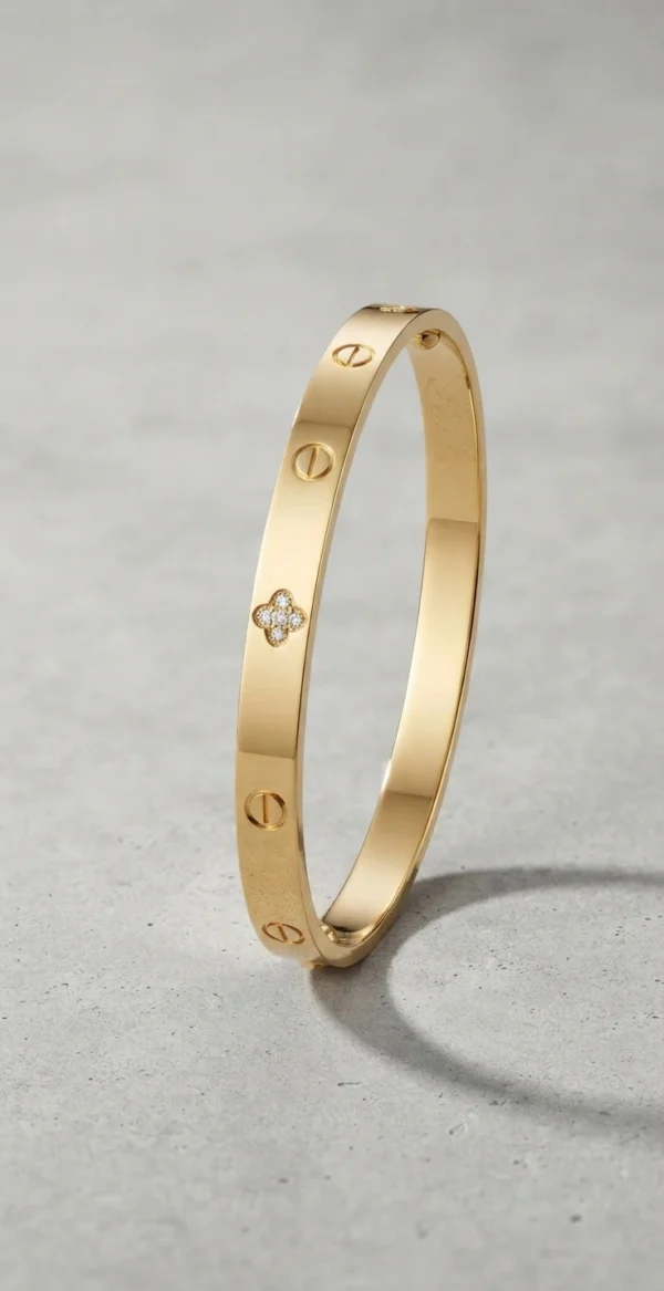 Gold-Tone Screw Motif and Crystal Clover Bangle Bracelet