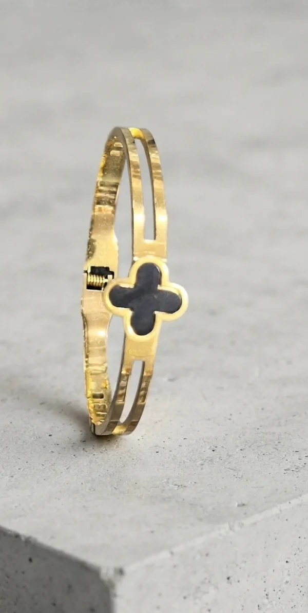 Gold-Tone Black Inlay Clover Bangle Bracelet